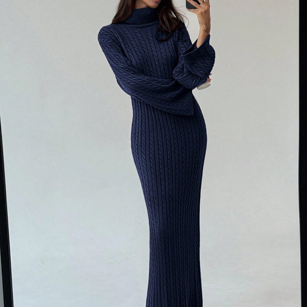 Navy Blue Casual Women's Cable Knit Minimalist Long Sweater Dress